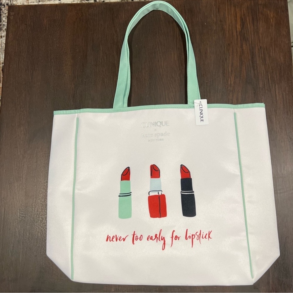 Kate Spade White Tote with Mint and Red Lipstick Design